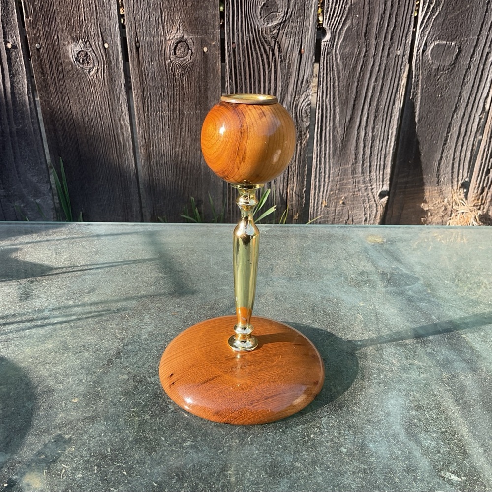 House of Myrtlewood Wood & Brass Candle Holder, Polished, Round